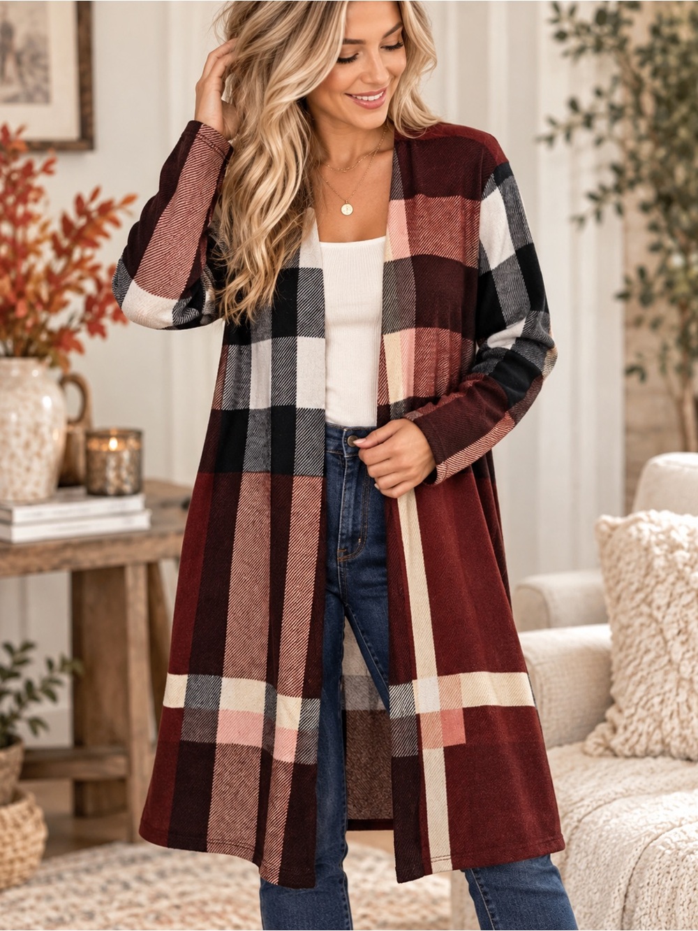 Lime & Chili Burgundy Plaid Long Duster Cardigan Size L Open Front Made USA
